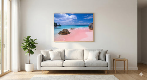 Bermuda Canvas Wall Art | Pink Sand Beach Print, Tropical Caribbean, Coastal Decor, Stretched Canvas — bermuda-pink-sand-living-room-wall-art.jpg