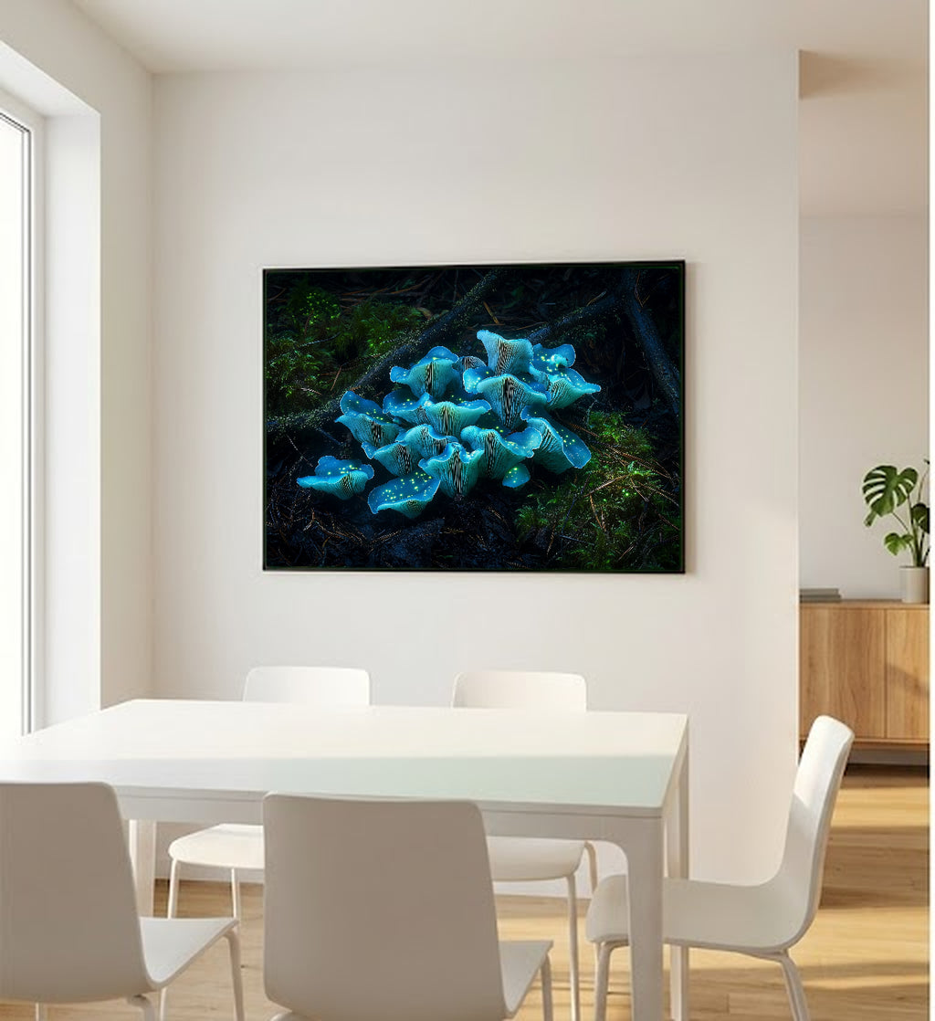 Bioluminescent Mushroom Canvas Wall Art | Glowing Forest Print, Mystical Goblincore Decor, Stretched Canvas — bioluminescent-mushrooms-night-bedroom-wall-art.jpg