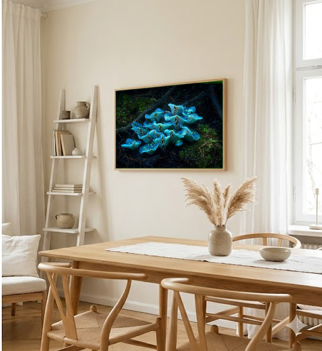 Bioluminescent Mushroom Canvas Wall Art | Glowing Forest Print, Mystical Goblincore Decor, Stretched Canvas — bioluminescent-mushrooms-night-dining-room-wall-art.jpg