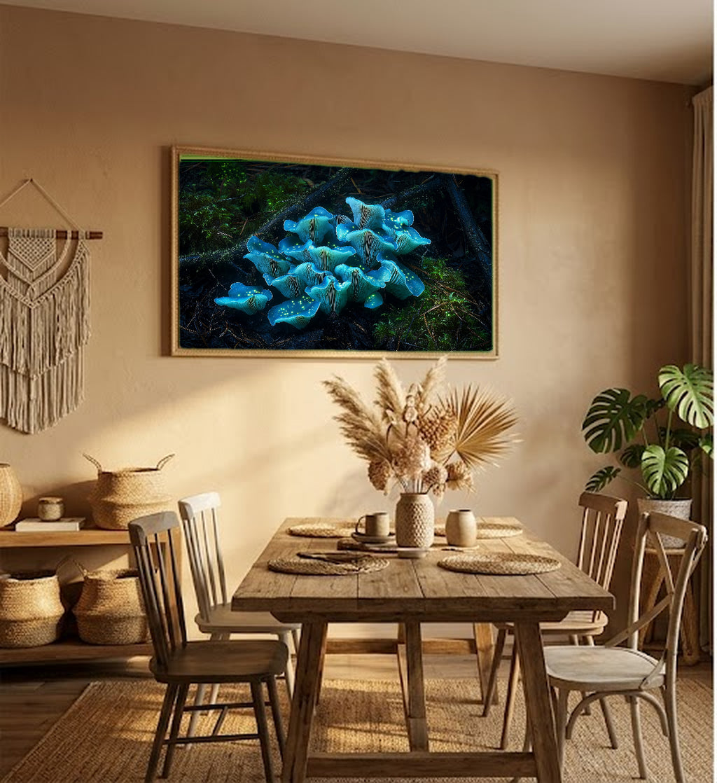 Bioluminescent Mushroom Canvas Wall Art | Glowing Forest Print, Mystical Goblincore Decor, Stretched Canvas — bioluminescent-mushrooms-night-hallway-wall-art.jpg