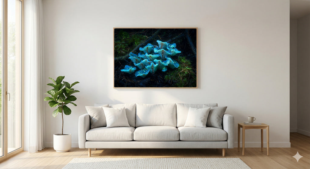 Bioluminescent Mushroom Canvas Wall Art | Glowing Forest Print, Mystical Goblincore Decor, Stretched Canvas — bioluminescent-mushrooms-night-living-room-wall-art.jpg
