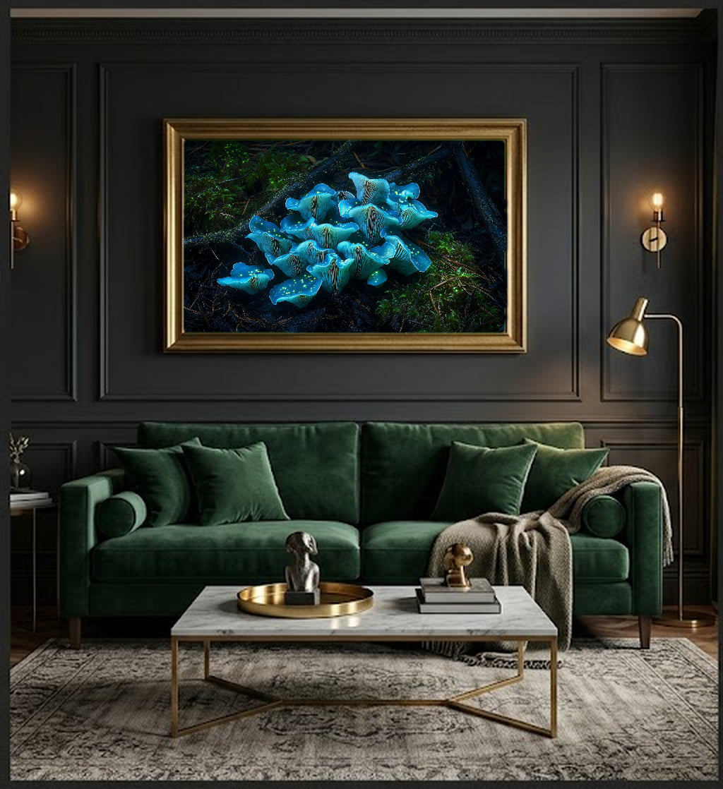 Bioluminescent Mushroom Canvas Wall Art | Glowing Forest Print, Mystical Goblincore Decor, Stretched Canvas — bioluminescent-mushrooms-night-office-wall-art.jpg
