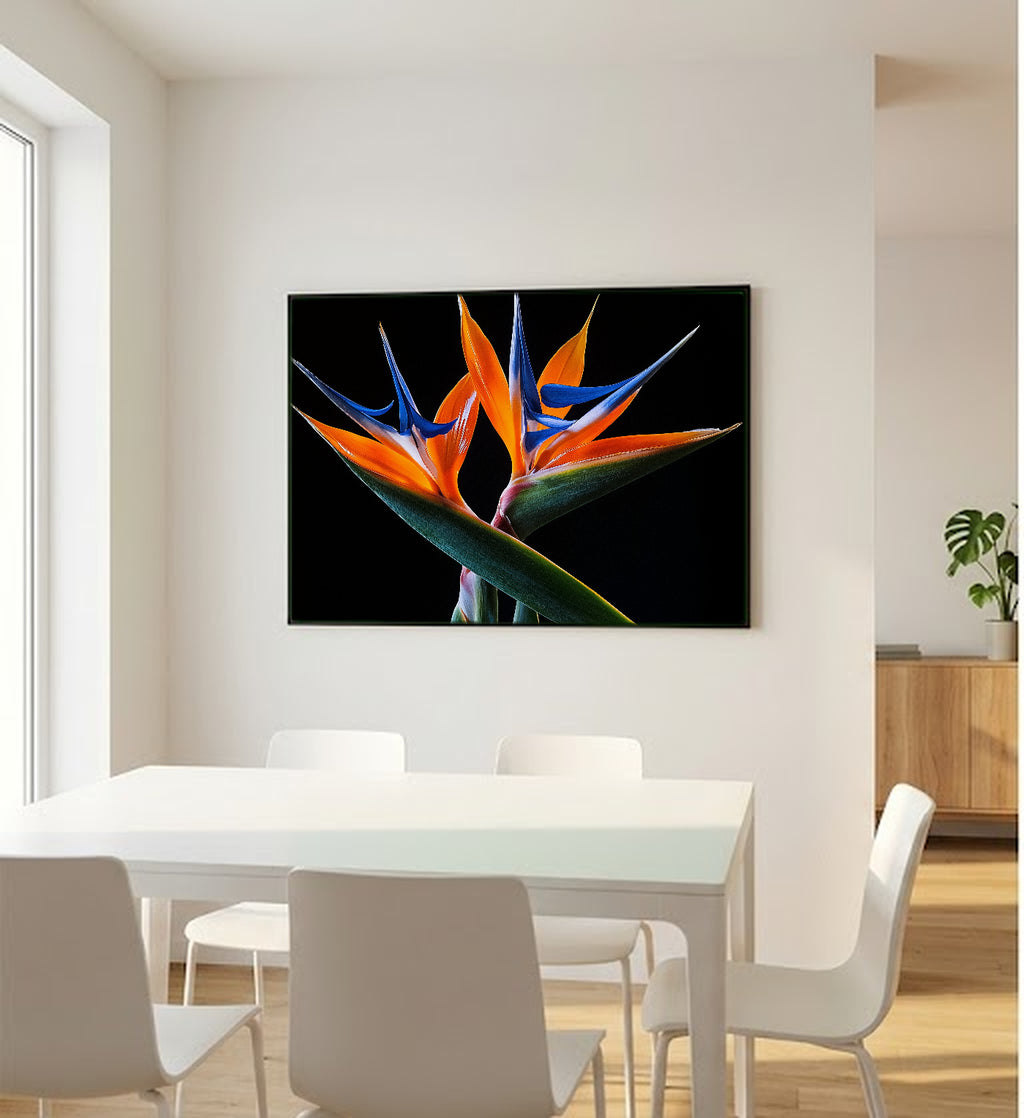 Bird of Paradise Canvas Wall Art | Plant and Bird Print, Tropical Botanical Decor, Stretched Canvas — bird-of-paradise-pair-bedroom-wall-art.jpg