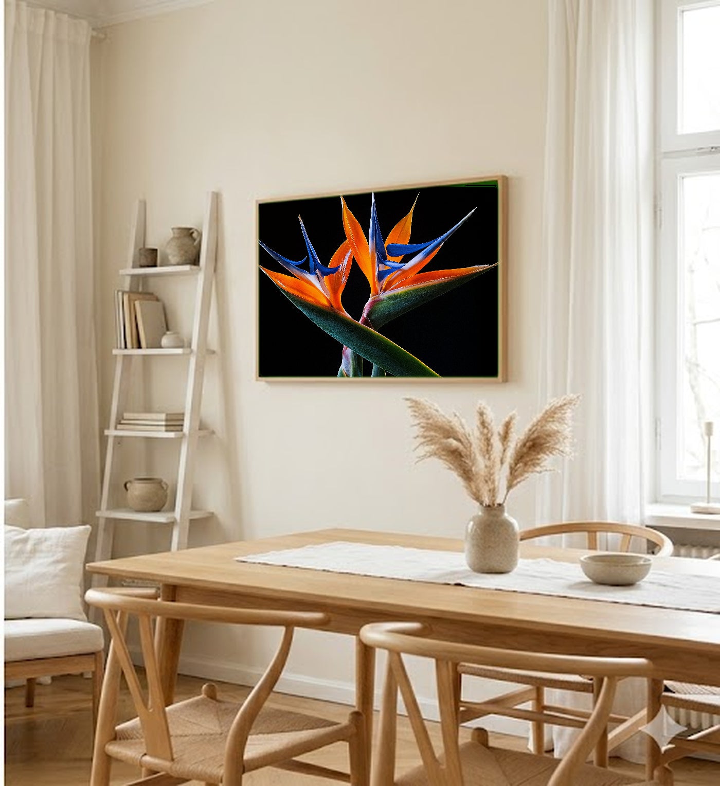 Bird of Paradise Canvas Wall Art | Plant and Bird Print, Tropical Botanical Decor, Stretched Canvas — bird-of-paradise-pair-dining-room-wall-art.jpg