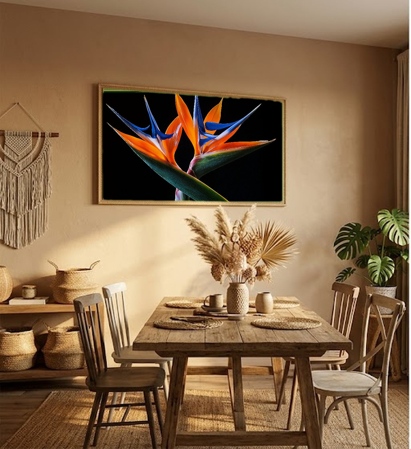 Bird of Paradise Canvas Wall Art | Plant and Bird Print, Tropical Botanical Decor, Stretched Canvas — bird-of-paradise-pair-hallway-wall-art.jpg