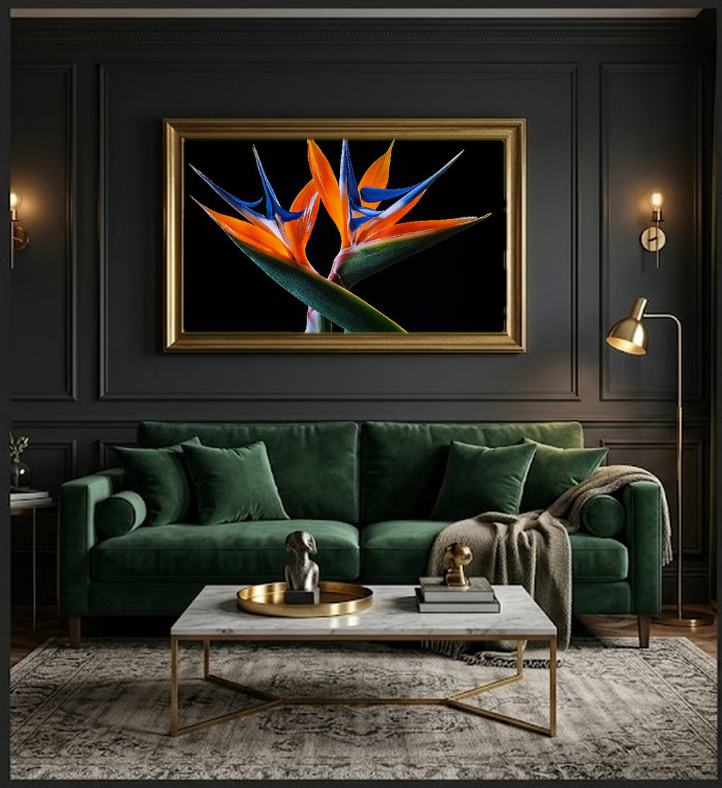 Bird of Paradise Canvas Wall Art | Plant and Bird Print, Tropical Botanical Decor, Stretched Canvas — bird-of-paradise-pair-office-wall-art.jpg