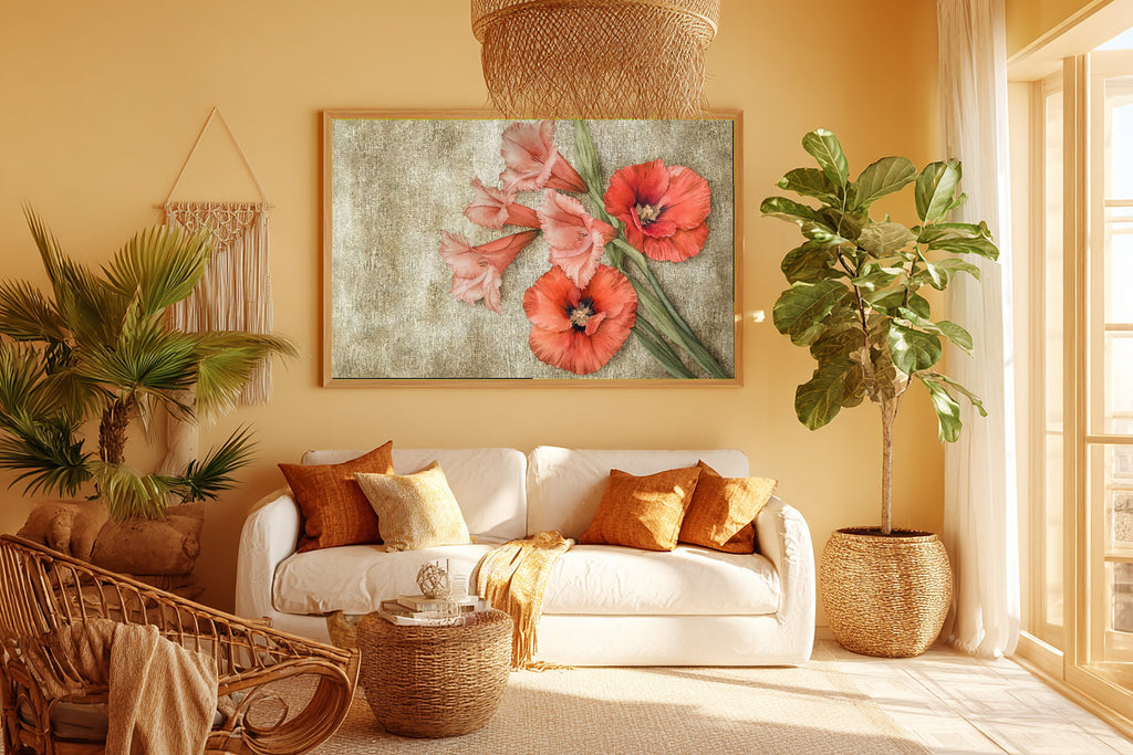 Hand-picked Birth Flower August Gladiolus Poppy Giclée Print — Dreamy Gentle Floral for the Reading Nook — birth-flower-august-gladiolus-poppy-room-5-wall-art.jpg