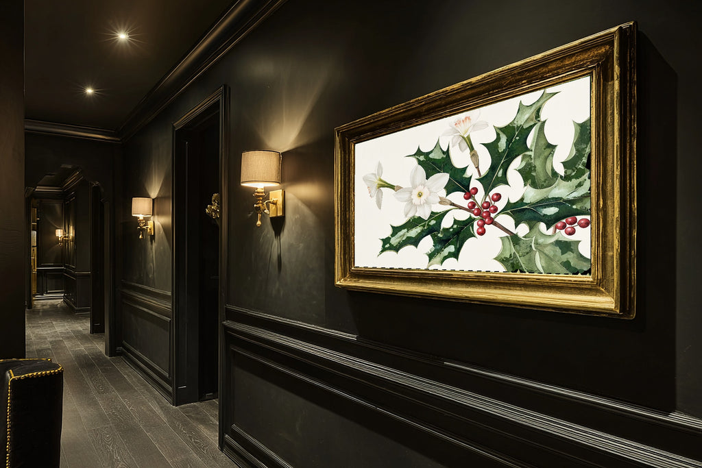 A Dreamy Birth Flower December Holly Narcissus Soft Botanical Print — Dreamy Wall Art for the Reading Nook, Giclée on Canvas — birth-flower-december-holly-narcissus-hallway-wall-art.jpg