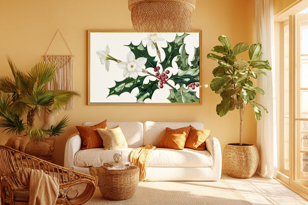A Dreamy Birth Flower December Holly Narcissus Soft Botanical Print — Dreamy Wall Art for the Reading Nook, Giclée on Canvas — birth-flower-december-holly-narcissus-room-5-wall-art.jpg