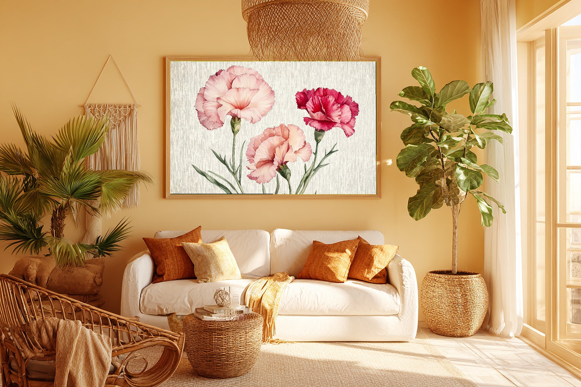Hand-picked Birth Flower January Carnation Giclée Print — Soulful Soft Botanical for the Reading Nook — birth-flower-january-carnation-room-5-wall-art.jpg