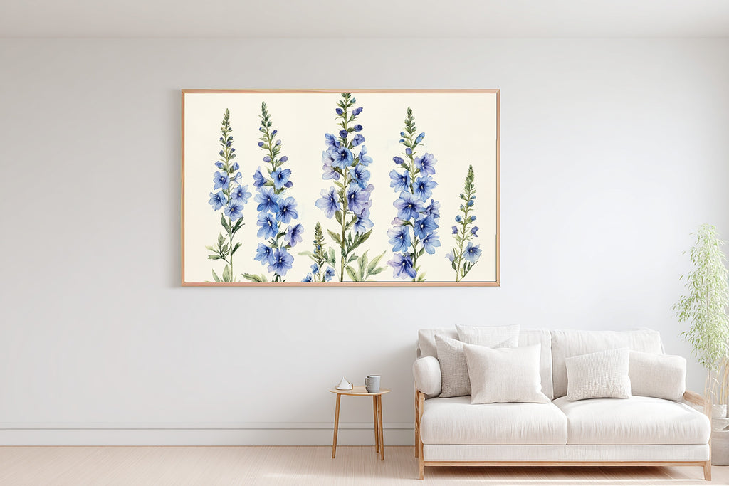 Birth Flower July Larkspur Print on Stretched Canvas — Stunning Soft Botanical for the Reading Nook, Gift for the Plant Mom in Your Life — birth-flower-july-larkspur-bedroom-wall-art.jpg