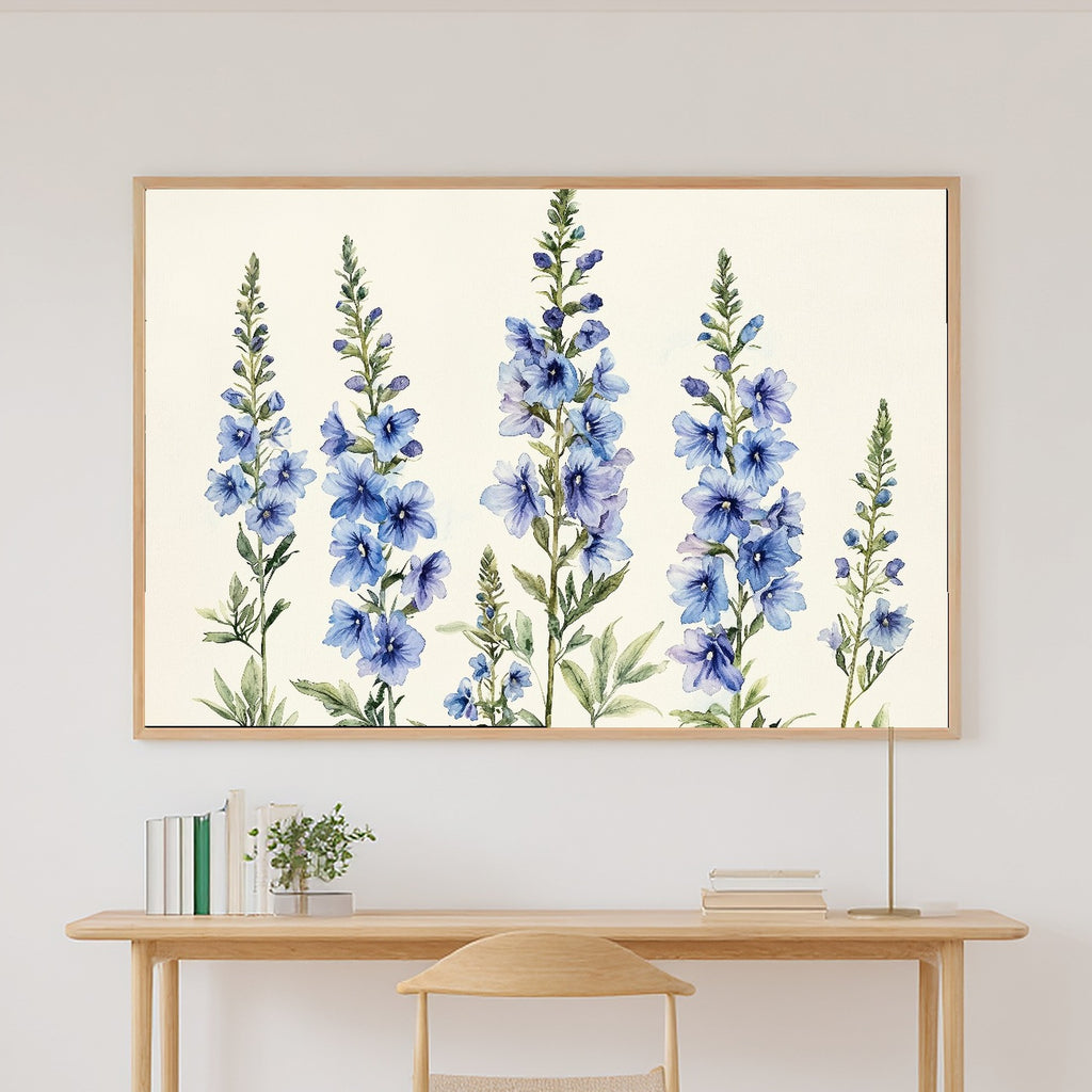 Birth Flower July Larkspur Print on Stretched Canvas — Stunning Soft Botanical for the Reading Nook, Gift for the Plant Mom in Your Life — birth-flower-july-larkspur-canvas-print.jpg