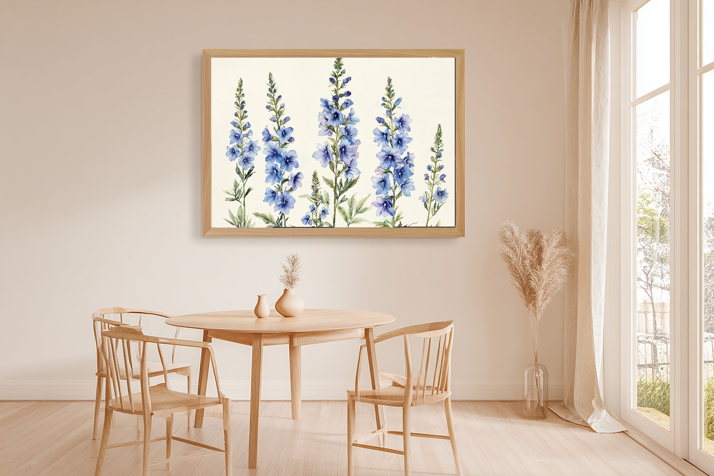 Birth Flower July Larkspur Print on Stretched Canvas — Stunning Soft Botanical for the Reading Nook, Gift for the Plant Mom in Your Life — birth-flower-july-larkspur-dining-room-wall-art.jpg