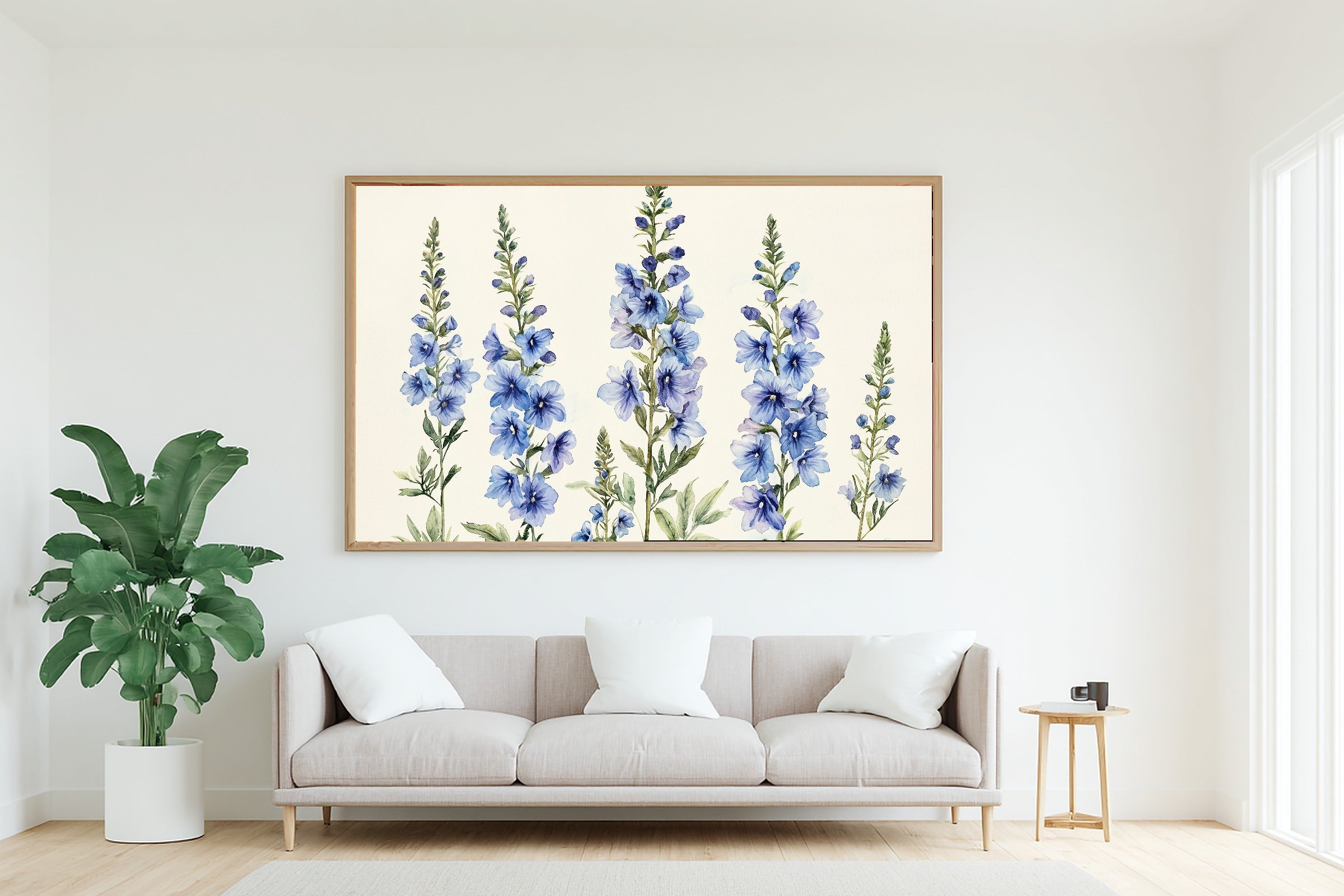 Birth Flower July Larkspur Print on Stretched Canvas — Stunning Soft Botanical for the Reading Nook, Gift for the Plant Mom in Your Life — birth-flower-july-larkspur-living-room-wall-art.jpg