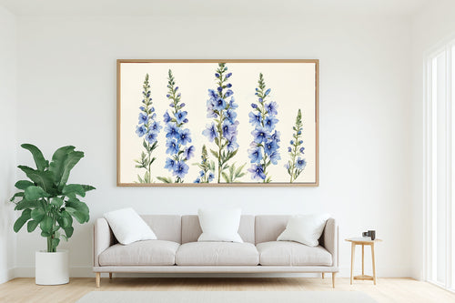 Birth Flower July Larkspur Print on Stretched Canvas — Stunning Soft Botanical for the Reading Nook, Gift for the Plant Mom in Your Life — birth-flower-july-larkspur-living-room-wall-art.jpg