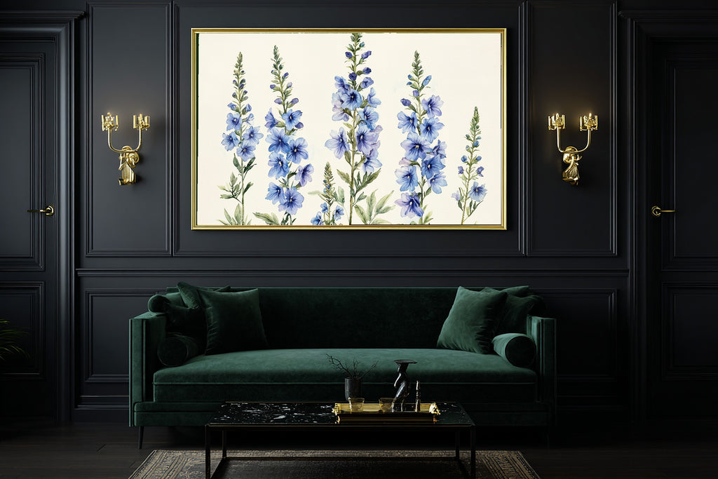 Birth Flower July Larkspur Print on Stretched Canvas — Stunning Soft Botanical for the Reading Nook, Gift for the Plant Mom in Your Life — birth-flower-july-larkspur-office-wall-art.jpg