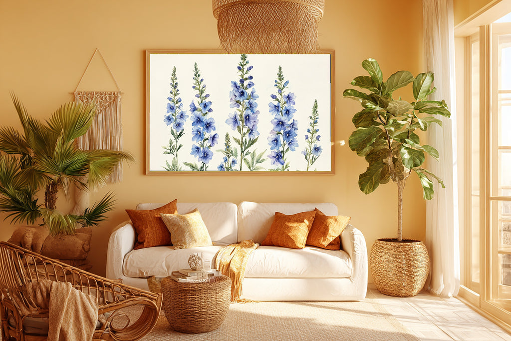 Birth Flower July Larkspur Print on Stretched Canvas — Stunning Soft Botanical for the Reading Nook, Gift for the Plant Mom in Your Life — birth-flower-july-larkspur-room-5-wall-art.jpg