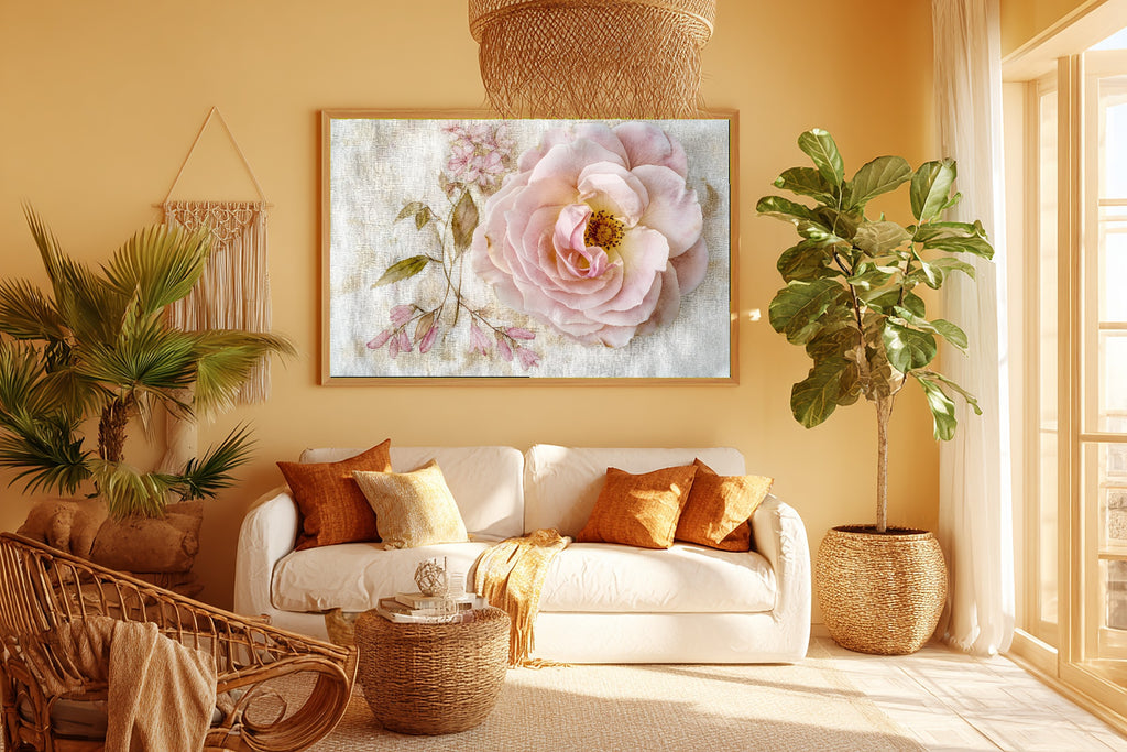 Gentle Floral Birth Flower June Rose Honeysuckle Canvas Wall Art — Fresh Meadow Print for the Reading Nook — birth-flower-june-rose-honeysuckle-room-5-wall-art.jpg