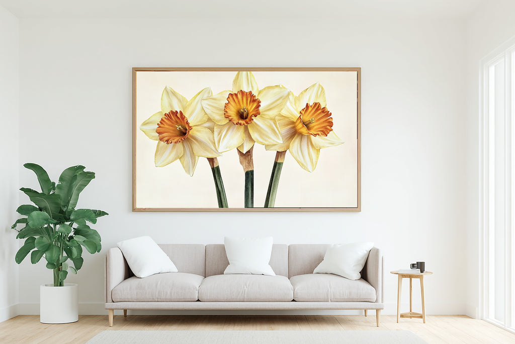 Fresh Meadow Birth Flower March Daffodil — Soft Botanical Wall Art, Warm Reading Nook Decor, Stretched Canvas, Ready to Hang — birth-flower-march-daffodil-living-room-wall-art.jpg