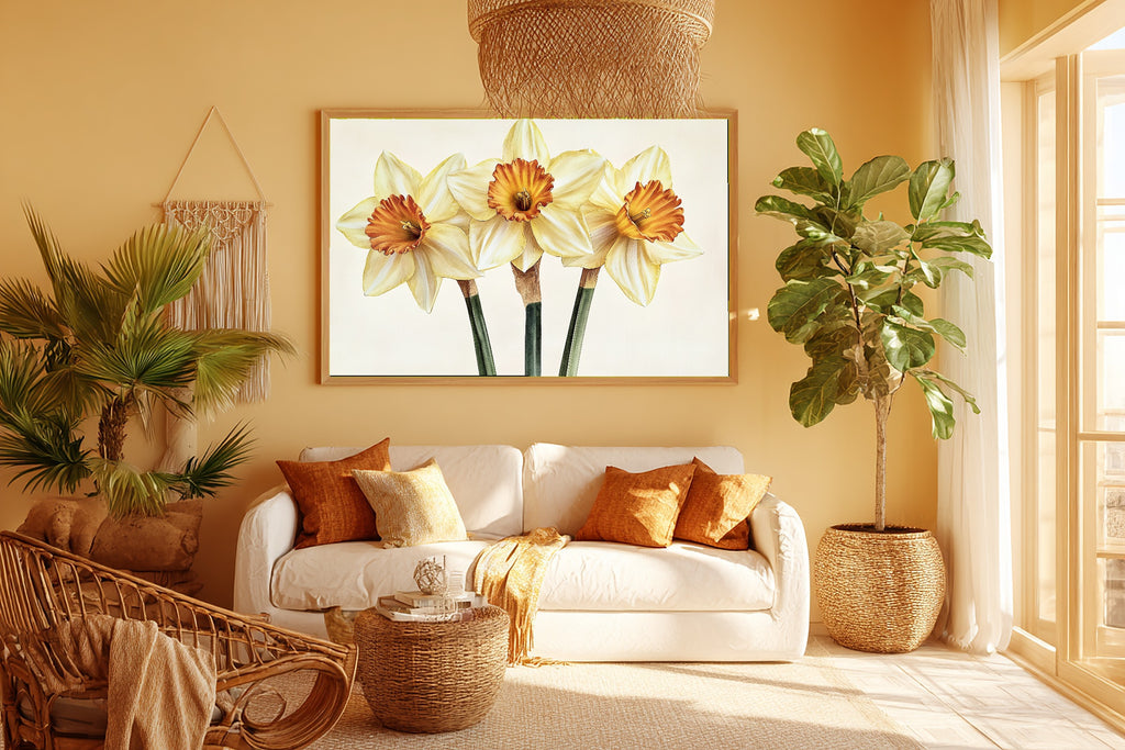 Fresh Meadow Birth Flower March Daffodil — Soft Botanical Wall Art, Warm Reading Nook Decor, Stretched Canvas, Ready to Hang — birth-flower-march-daffodil-room-5-wall-art.jpg