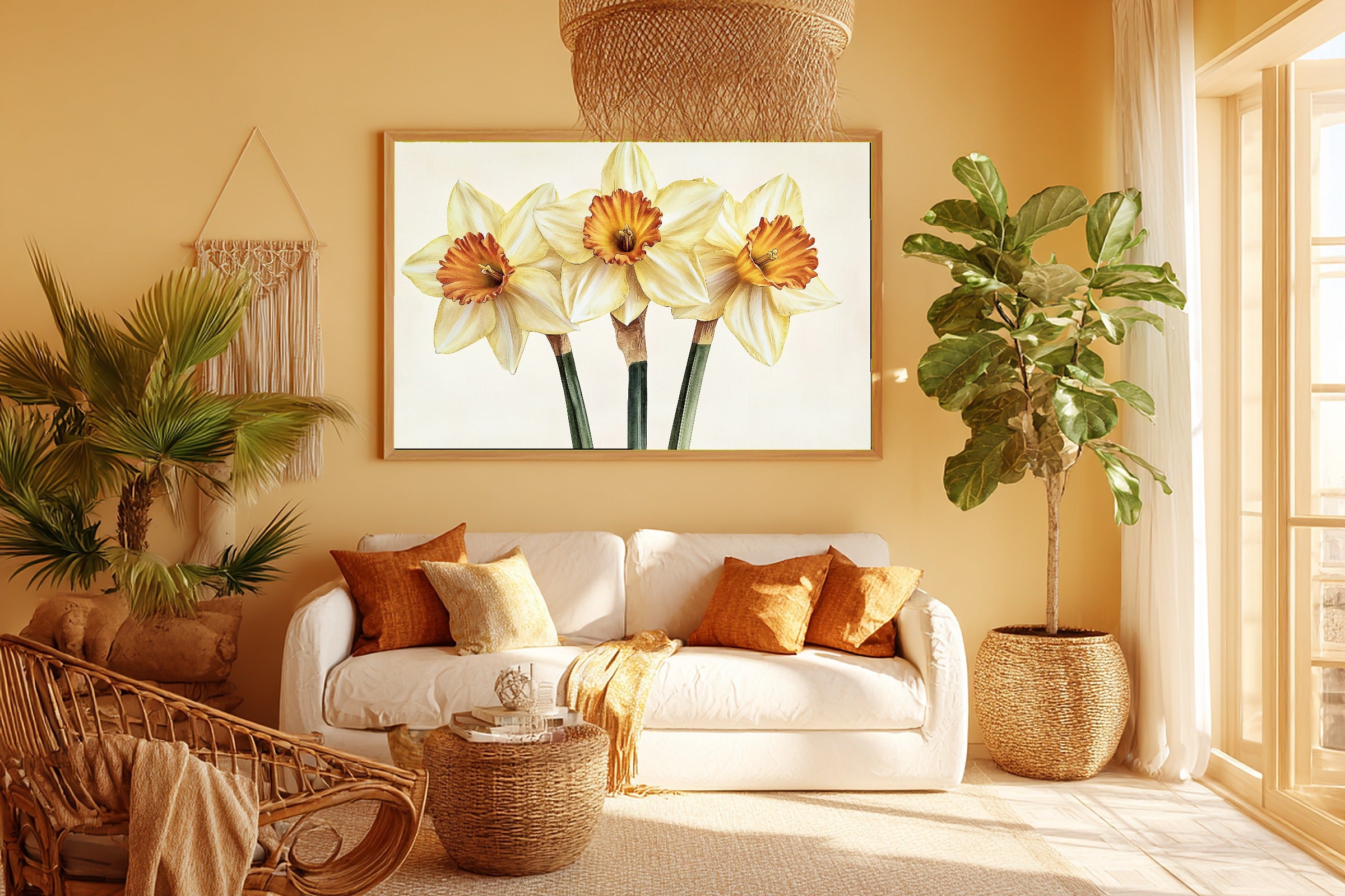 Fresh Meadow Birth Flower March Daffodil — Soft Botanical Wall Art, Warm Reading Nook Decor, Stretched Canvas, Ready to Hang — birth-flower-march-daffodil-room-5-wall-art.jpg