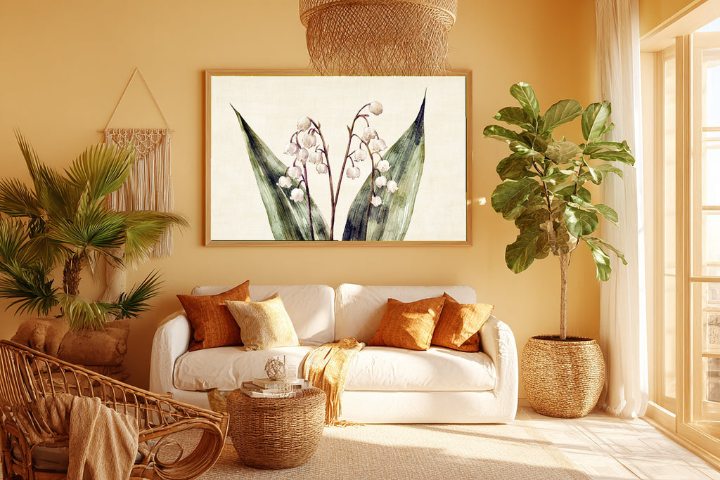 Gentle Floral Birth Flower May Lily Of The Valley Canvas Wall Art — Peaceful Print for the Reading Nook — birth-flower-may-lily-of-the-valley-room-5-wall-art.jpg