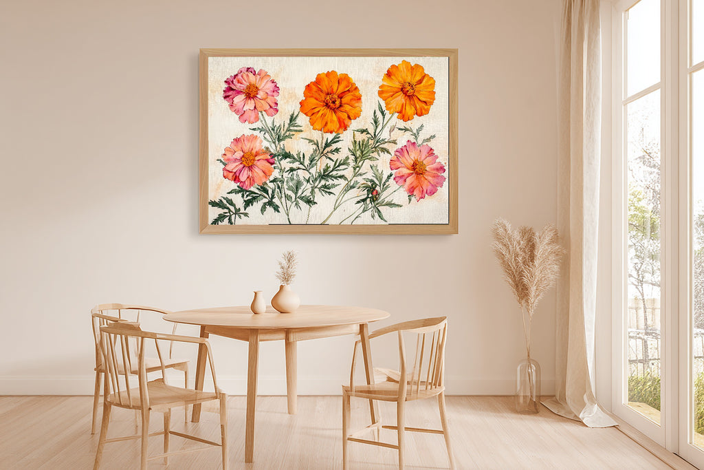 Birth Flower October Marigold Cosmos Gentle Floral Wall Art — Warm Print for the Reading Nook — birth-flower-october-marigold-cosmos-dining-room-wall-art.jpg