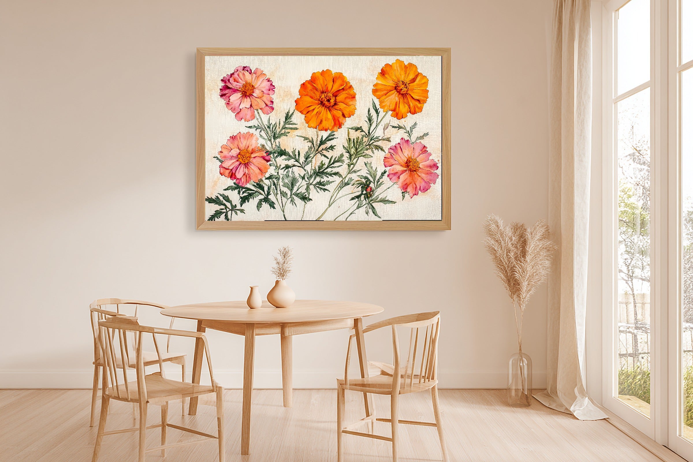 Birth Flower October Marigold Cosmos Gentle Floral Wall Art — Warm Print for the Reading Nook — birth-flower-october-marigold-cosmos-dining-room-wall-art.jpg