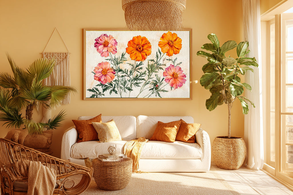 Birth Flower October Marigold Cosmos Gentle Floral Wall Art — Warm Print for the Reading Nook — birth-flower-october-marigold-cosmos-room-5-wall-art.jpg