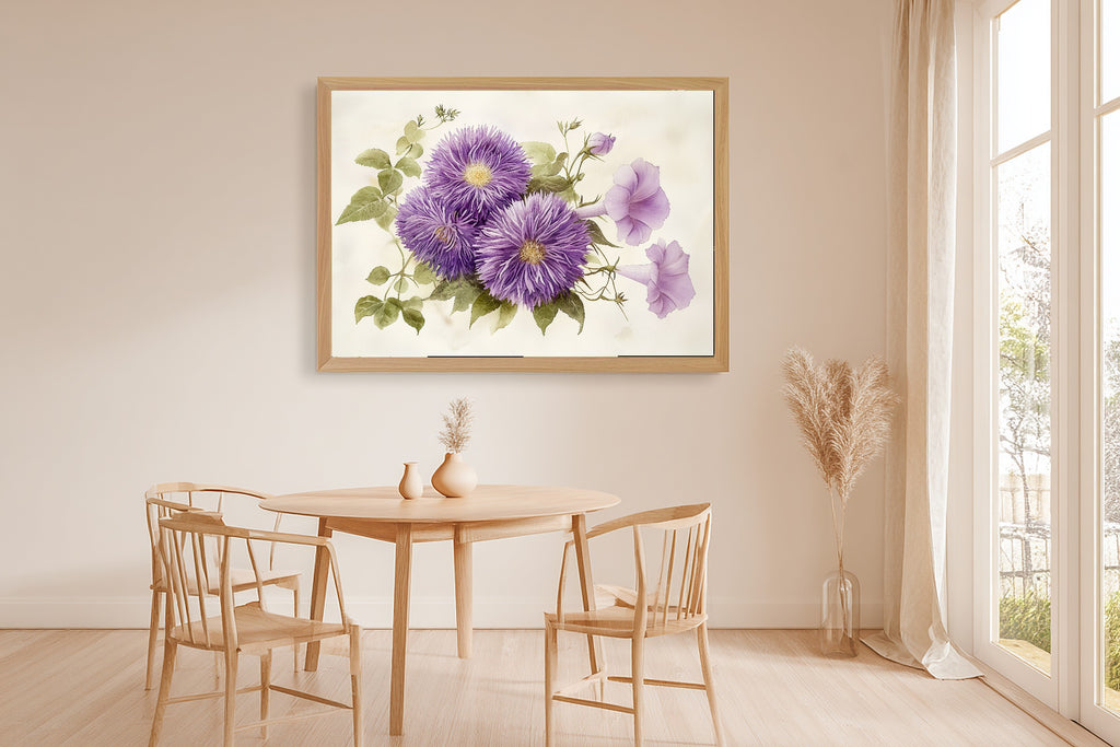 A Dreamy Birth Flower September Aster Morning Glory Soft Botanical Print — Moody Wall Art for the Reading Nook, Giclée on Canvas — birth-flower-september-aster-morning-glory-dining-room-wall-art.jpg