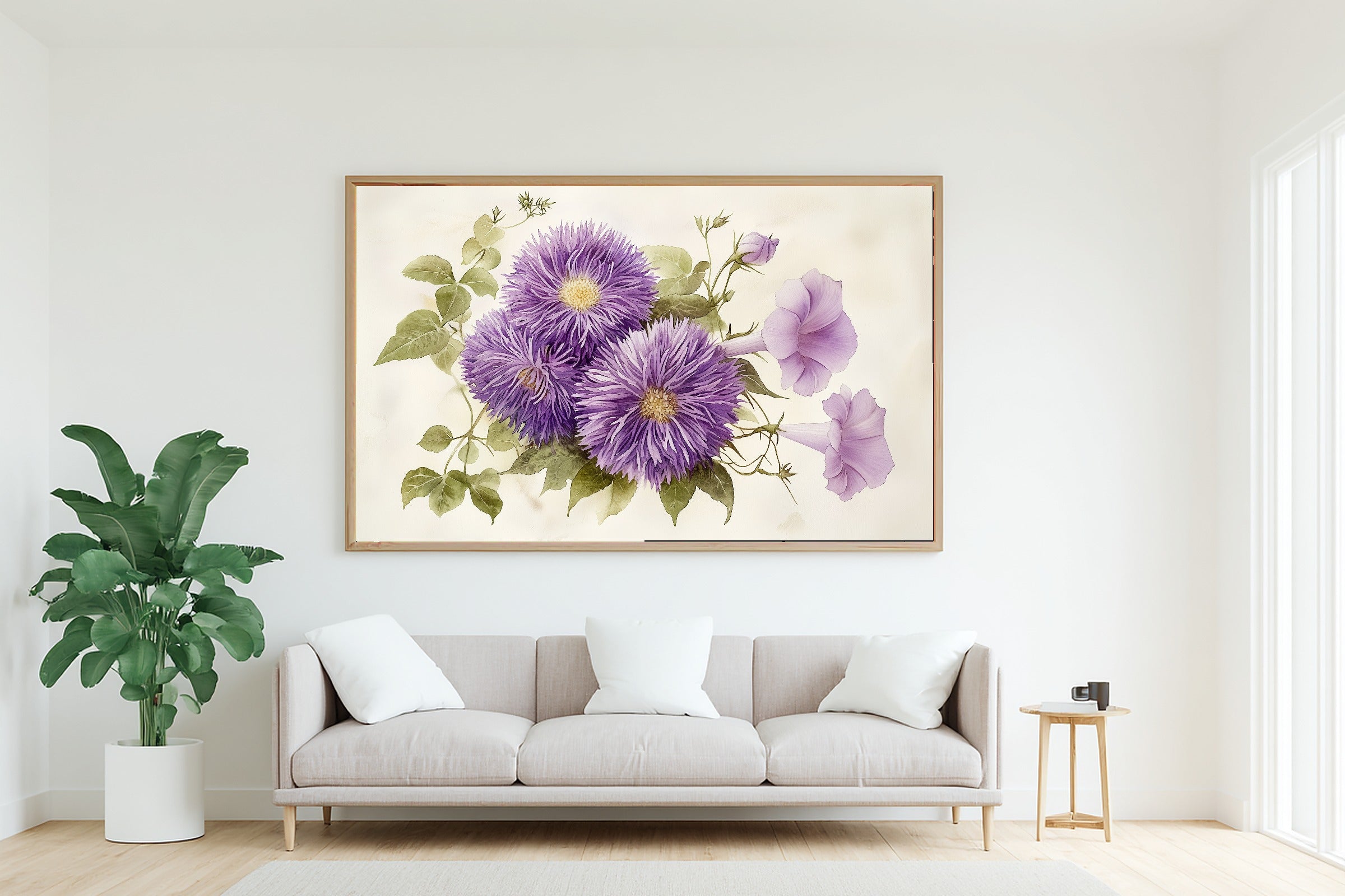 A Dreamy Birth Flower September Aster Morning Glory Soft Botanical Print — Moody Wall Art for the Reading Nook, Giclée on Canvas — birth-flower-september-aster-morning-glory-living-room-wall-art.jpg