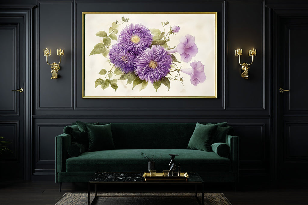 A Dreamy Birth Flower September Aster Morning Glory Soft Botanical Print — Moody Wall Art for the Reading Nook, Giclée on Canvas — birth-flower-september-aster-morning-glory-office-wall-art.jpg