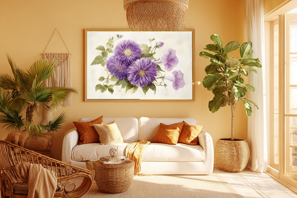 A Dreamy Birth Flower September Aster Morning Glory Soft Botanical Print — Moody Wall Art for the Reading Nook, Giclée on Canvas — birth-flower-september-aster-morning-glory-room-5-wall-art.jpg