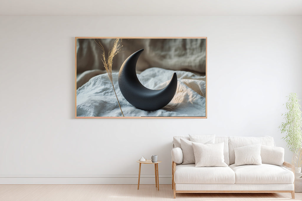 Black Clay Moon Still Canvas Wall Art, Dreamy Timeless Artwork Poster Print, Modern Home Office Art, Wedding Gift for Couples — black-clay-moon-still-bedroom-wall-art.jpg