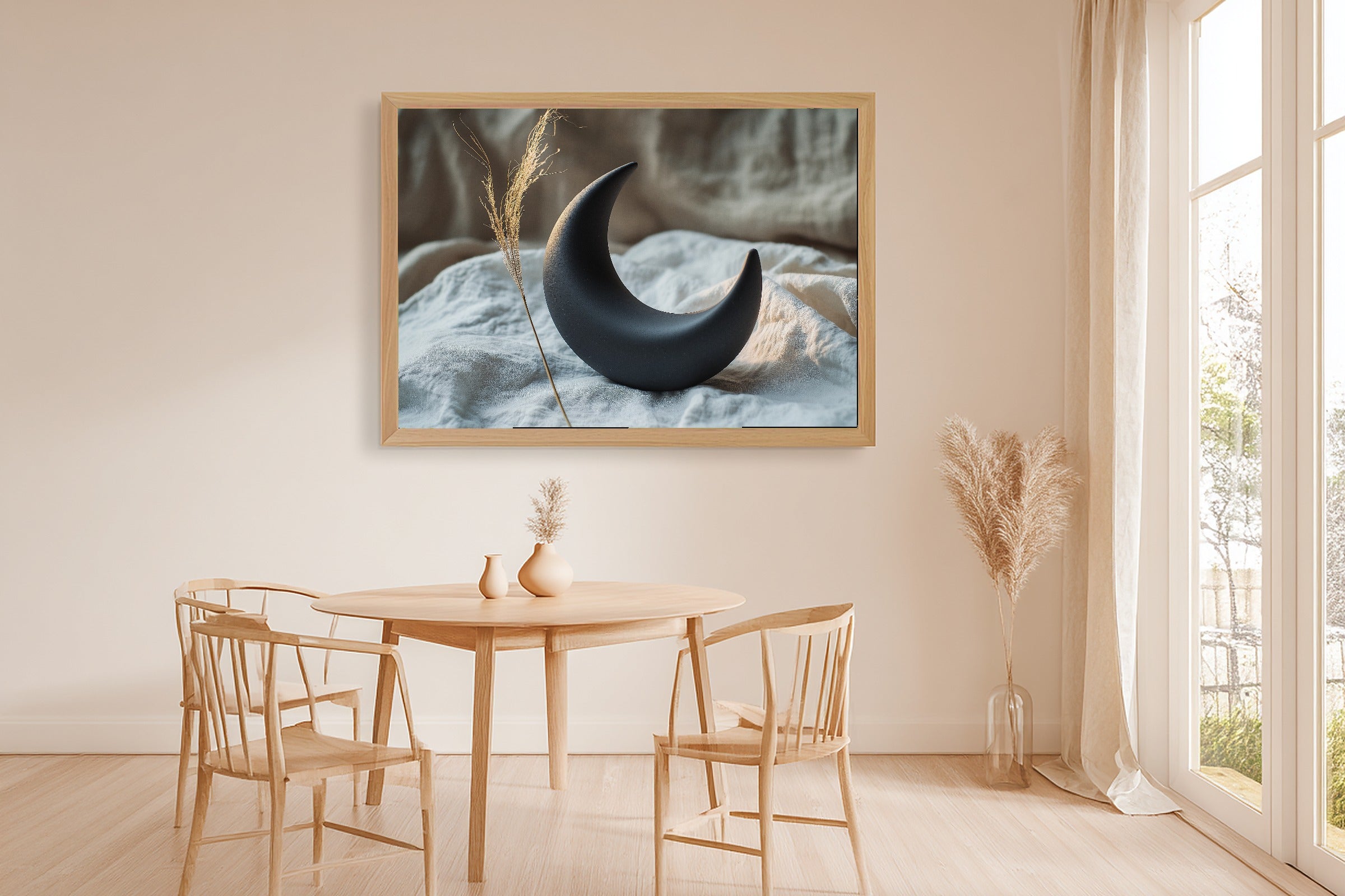 Black Clay Moon Still Canvas Wall Art, Dreamy Timeless Artwork Poster Print, Modern Home Office Art, Wedding Gift for Couples — black-clay-moon-still-dining-room-wall-art.jpg