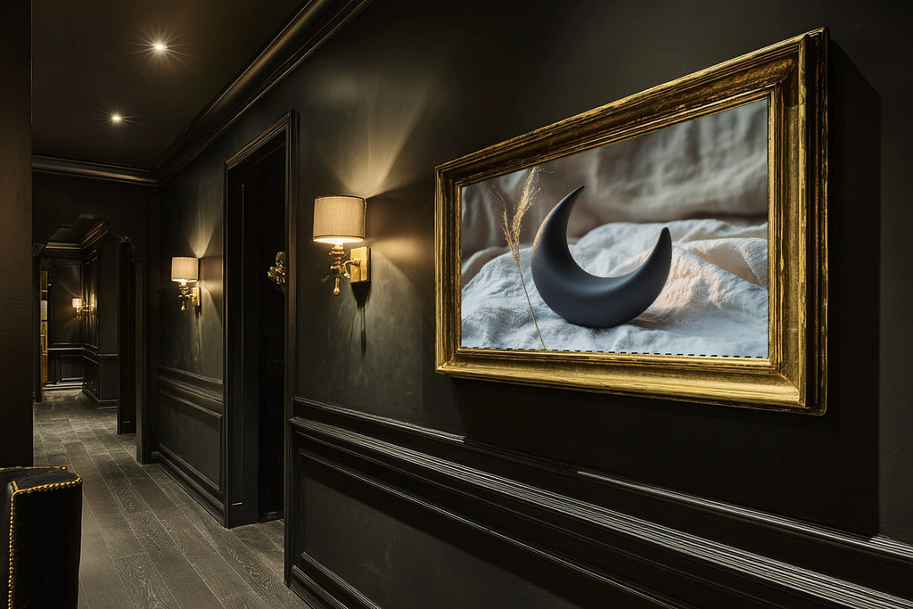 Black Clay Moon Still Canvas Wall Art, Dreamy Timeless Artwork Poster Print, Modern Home Office Art, Wedding Gift for Couples — black-clay-moon-still-hallway-wall-art.jpg