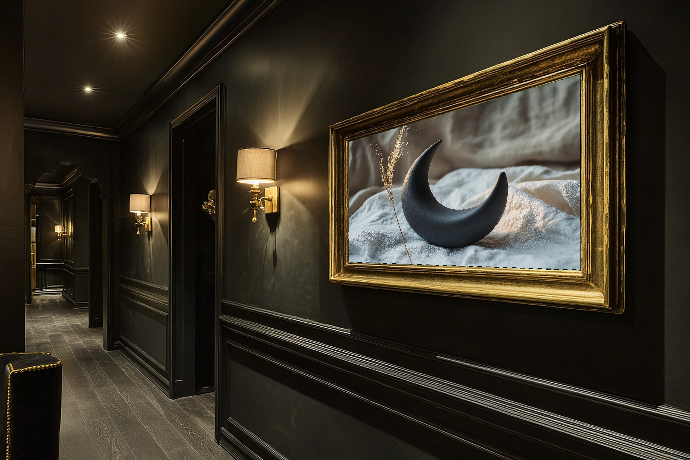 Black Clay Moon Still Canvas Wall Art, Dreamy Timeless Artwork Poster Print, Modern Home Office Art, Wedding Gift for Couples — black-clay-moon-still-hallway-wall-art.jpg