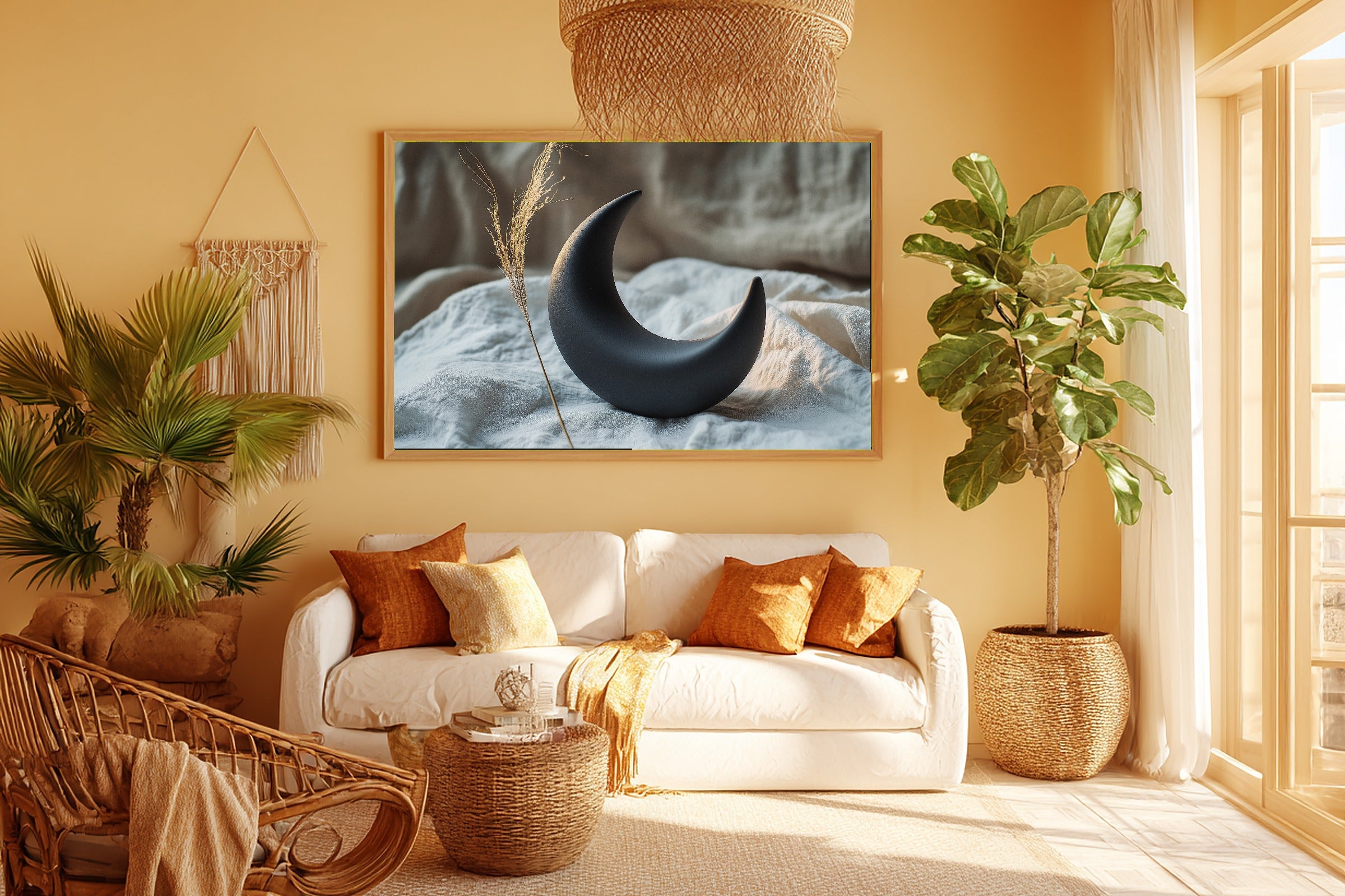 Black Clay Moon Still Canvas Wall Art, Dreamy Timeless Artwork Poster Print, Modern Home Office Art, Wedding Gift for Couples — black-clay-moon-still-room-5-wall-art.jpg