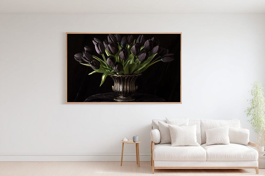 A Dreamy Black Tulip Still Life Cozy Studio Print — Moody Wall Art for the Living Room, Giclée on Canvas — black-tulip-still-life-bedroom-wall-art.jpg