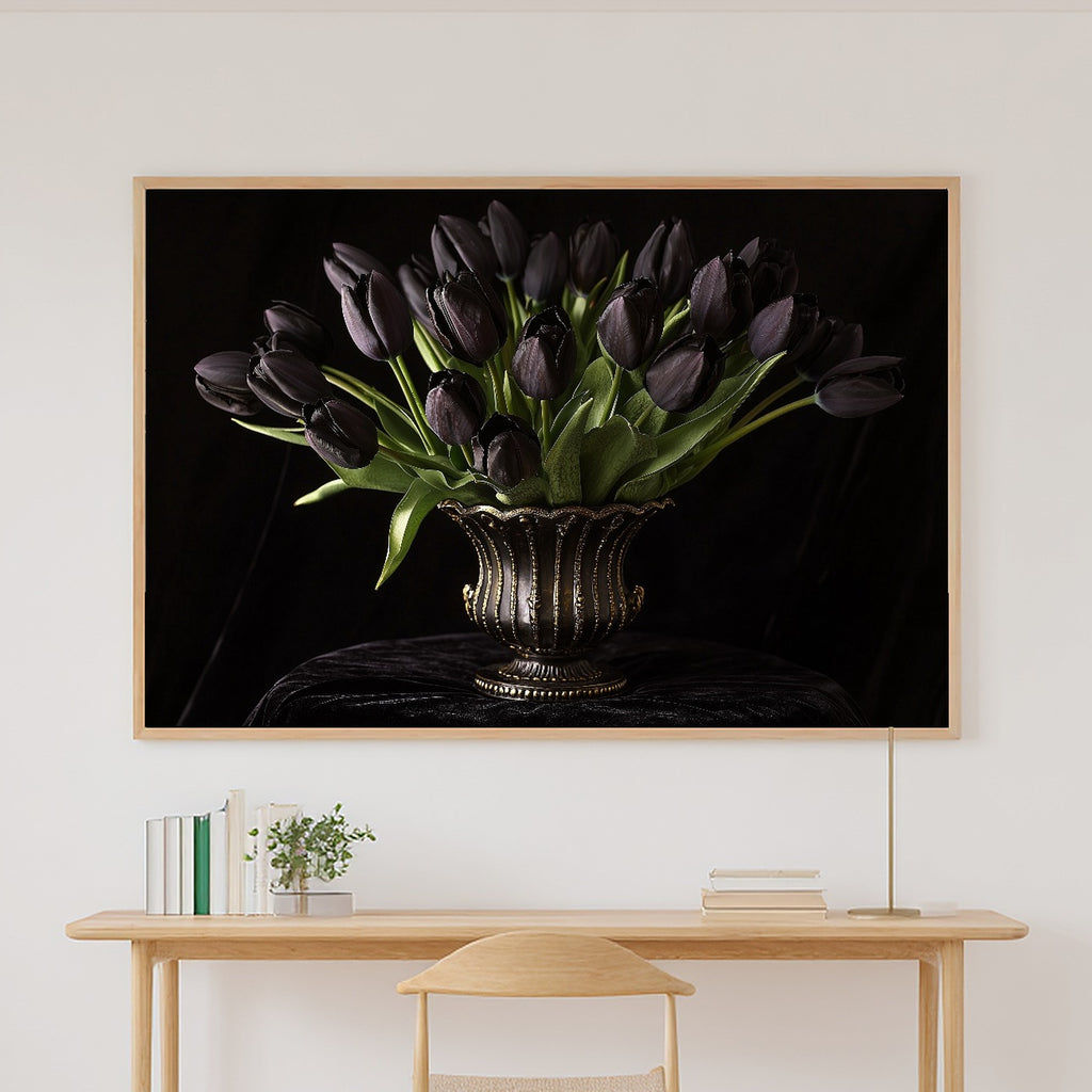 A Dreamy Black Tulip Still Life Cozy Studio Print — Moody Wall Art for the Living Room, Giclée on Canvas — black-tulip-still-life-canvas-print.jpg