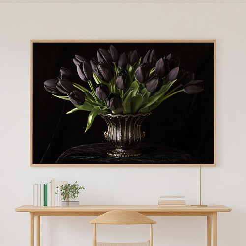 A Dreamy Black Tulip Still Life Cozy Studio Print — Moody Wall Art for the Living Room, Giclée on Canvas — black-tulip-still-life-canvas-print.jpg