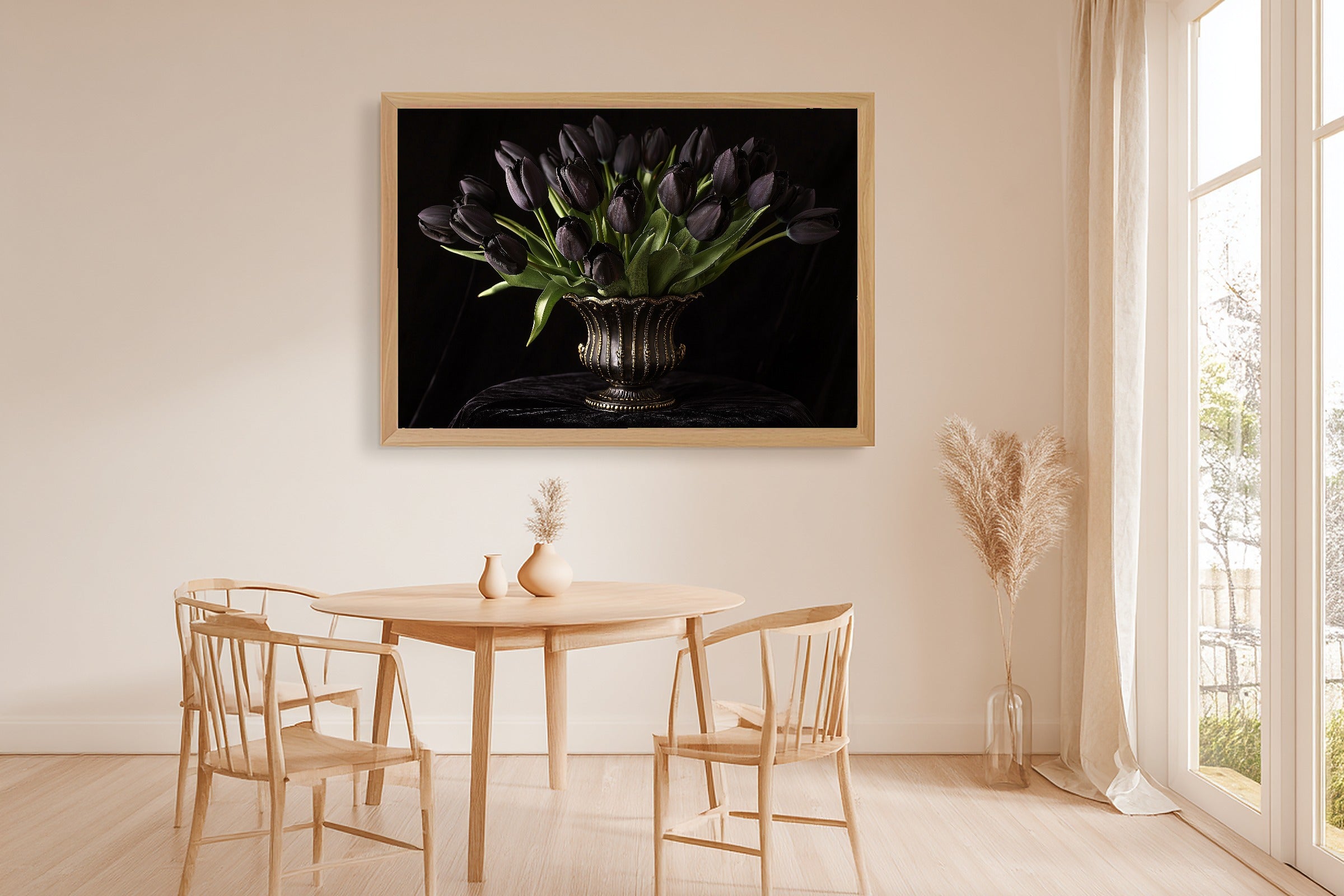 A Dreamy Black Tulip Still Life Cozy Studio Print — Moody Wall Art for the Living Room, Giclée on Canvas — black-tulip-still-life-dining-room-wall-art.jpg