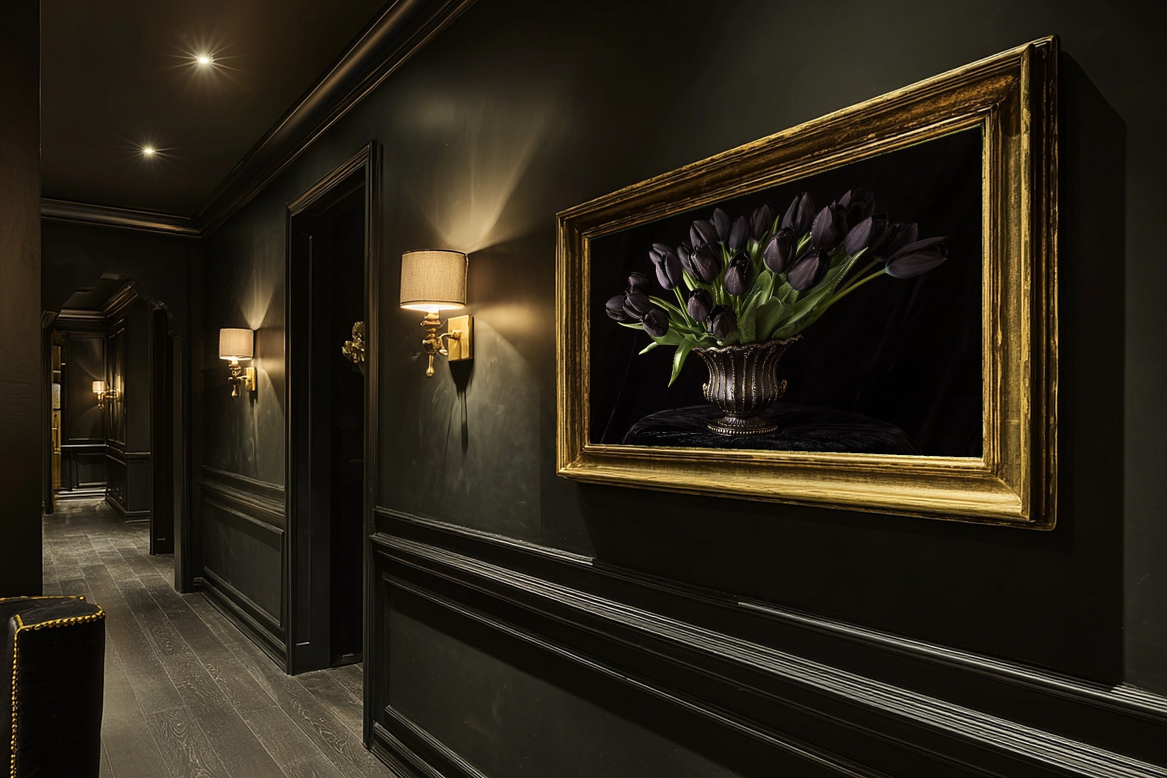 A Dreamy Black Tulip Still Life Cozy Studio Print — Moody Wall Art for the Living Room, Giclée on Canvas — black-tulip-still-life-hallway-wall-art.jpg