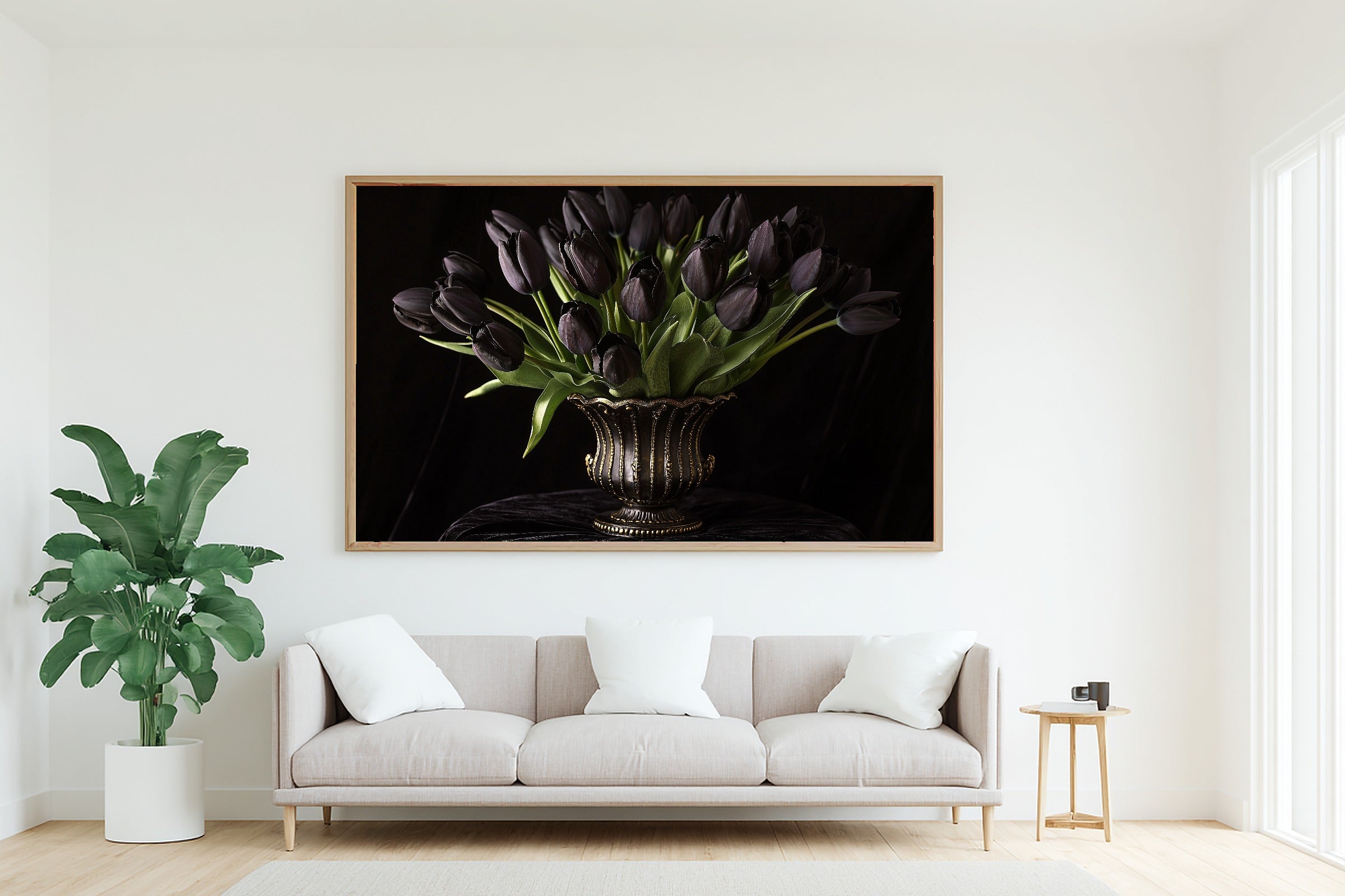 A Dreamy Black Tulip Still Life Cozy Studio Print — Moody Wall Art for the Living Room, Giclée on Canvas — black-tulip-still-life-living-room-wall-art.jpg