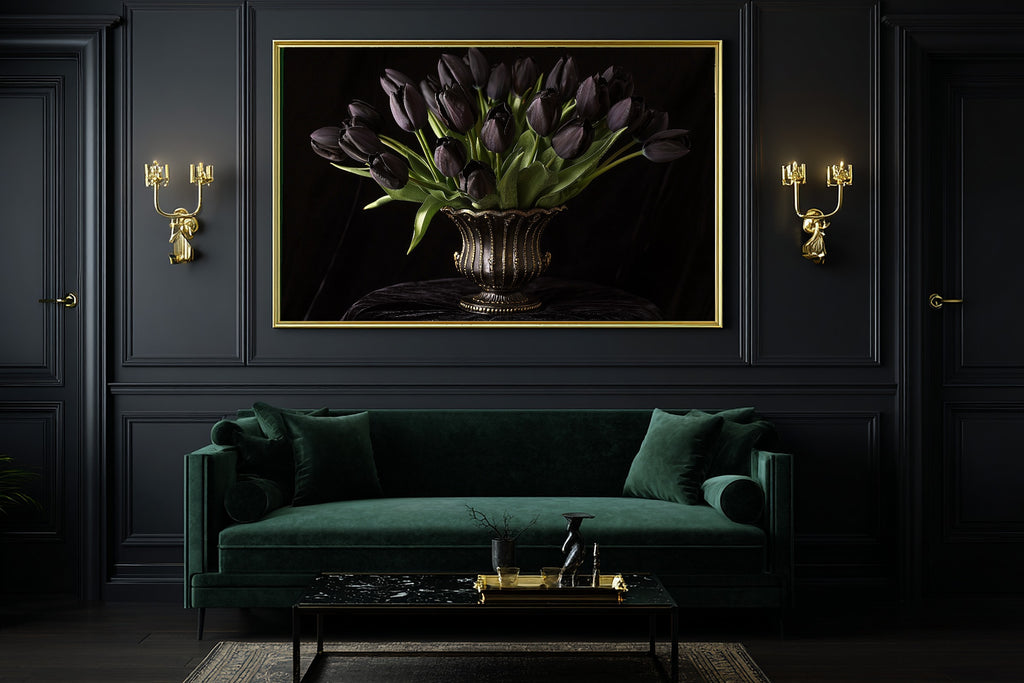 A Dreamy Black Tulip Still Life Cozy Studio Print — Moody Wall Art for the Living Room, Giclée on Canvas — black-tulip-still-life-office-wall-art.jpg