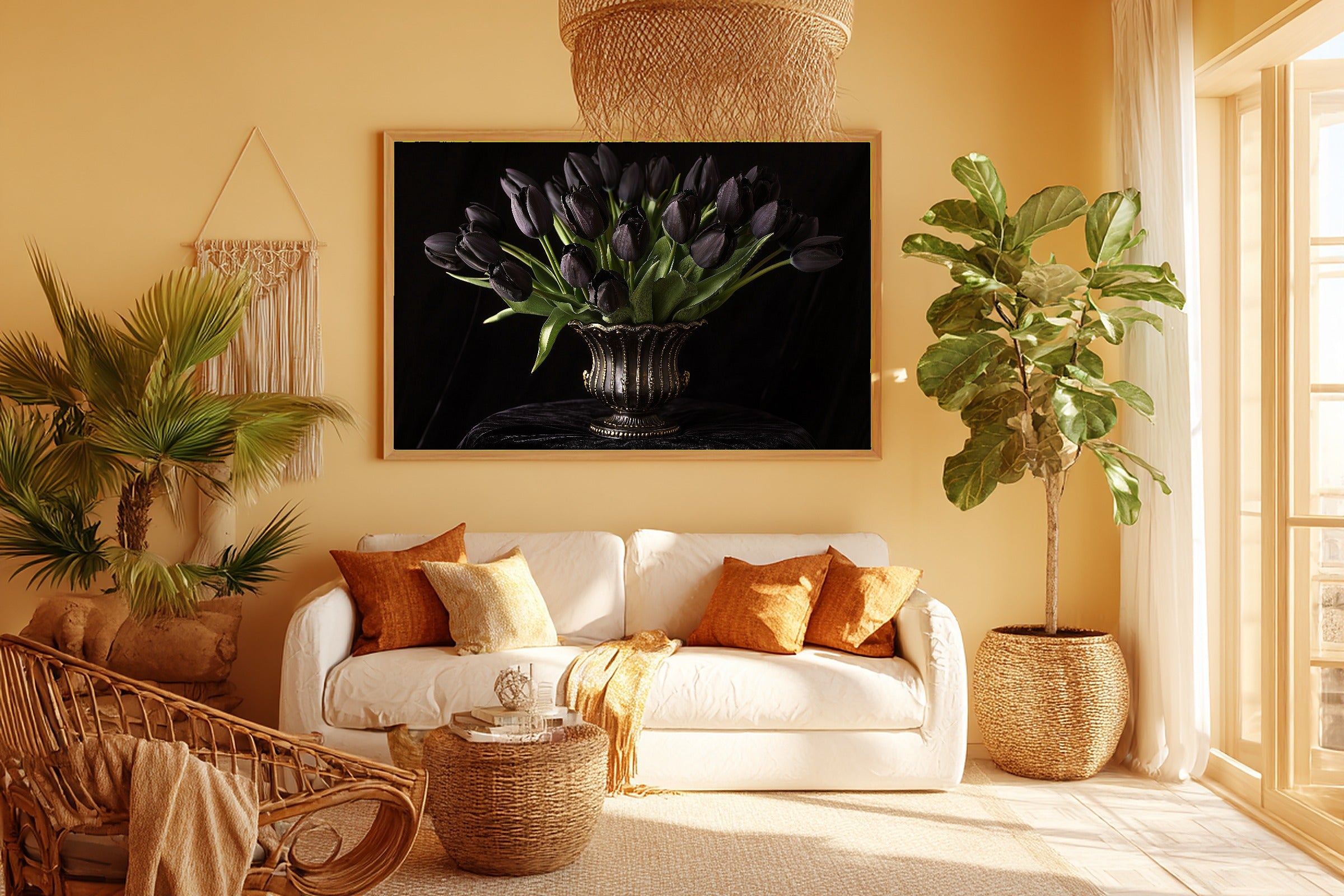 A Dreamy Black Tulip Still Life Cozy Studio Print — Moody Wall Art for the Living Room, Giclée on Canvas — black-tulip-still-life-room-5-wall-art.jpg