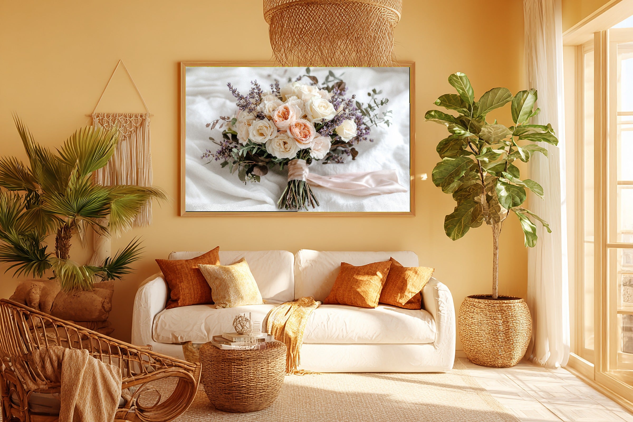 Bohemian Wedding Bouquet Painterly Stretched Canvas Print for the Living Room, Cozy Studio Decor, Warm Soulful Tones, Elegant Hostess Gift — bohemian-wedding-bouquet-painterly-room-5-wall-art.jpg