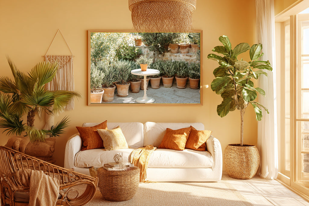 Boho Bistro Terracotta Pots Canvas Wall Art, Soft Dreamy Glow Wall Art, Living Room Wall Art, Ready to Hang — boho-bistro-terracotta-pots-room-5-wall-art.jpg