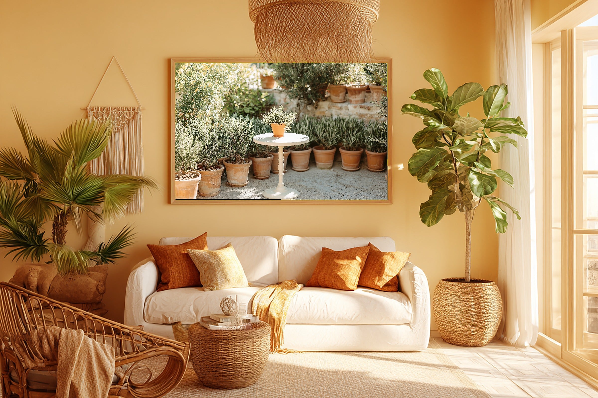 Boho Bistro Terracotta Pots Canvas Wall Art, Soft Dreamy Glow Wall Art, Living Room Wall Art, Ready to Hang — boho-bistro-terracotta-pots-room-5-wall-art.jpg