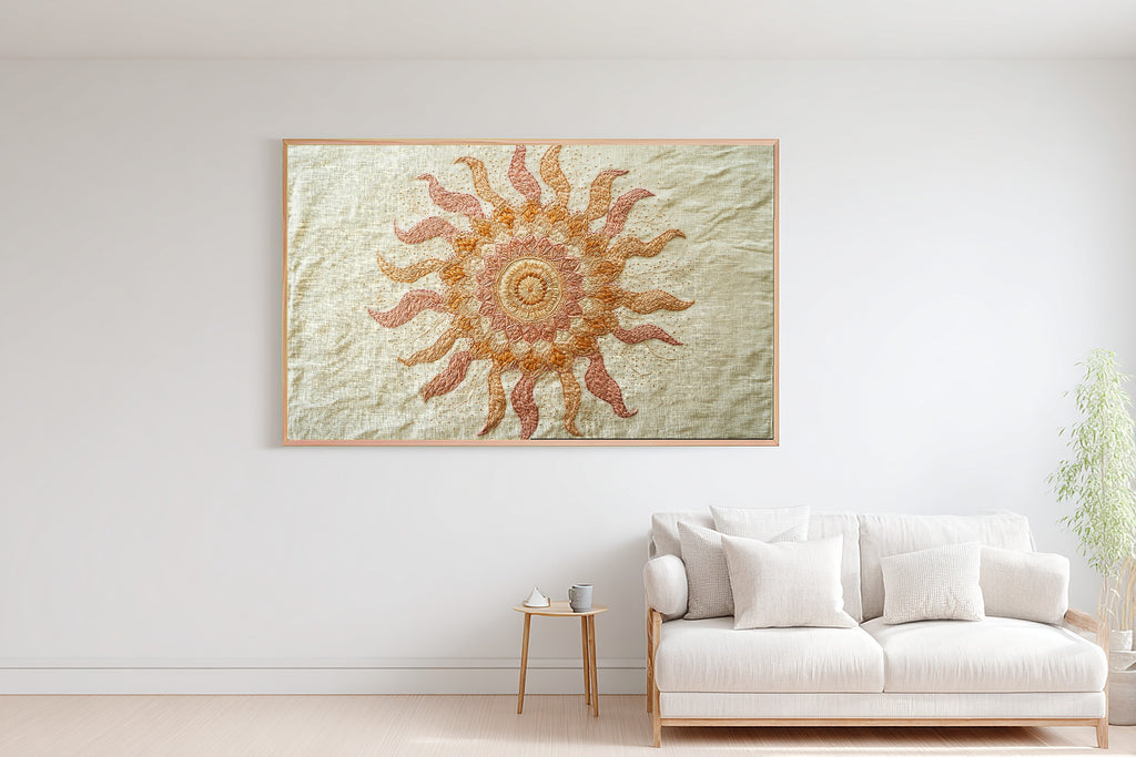 Boho Embroidered Sun Mandala Stretched Canvas Print | Soulful Sacred Art | Meditation Space Decor | Gift for Creatives — boho-embroidered-sun-mandala-bedroom-wall-art.jpg